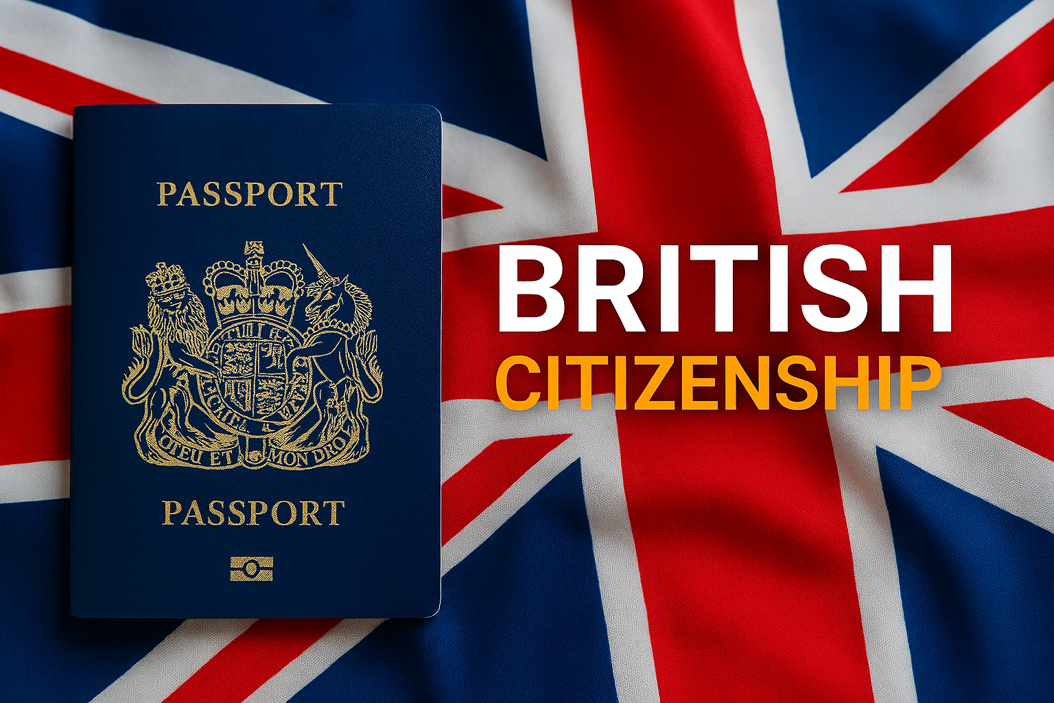 Navy blue British passport placed on a Union Jack flag with bold text British Citizenship representing the UK nationality application process and legal support.